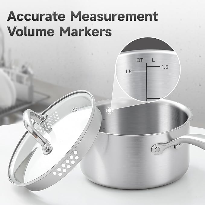 3.5 Quart Stainless Steel Saucepan with Steamer Basket, Tri-ply Full Body, Multipurpose Sauce Pot with Two-Size Drainage Holes Lid, Perfect For Boiling Gravies, Pasta, Noodles
