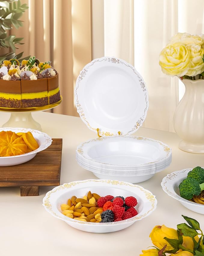 100 Pack White Plastic Bowls with Gold Rim, 12oz Disposable Soup Bowl, Heavy Duty Dinner Bowls for Party, Weddings, Dinners, Catering and Everyday Use