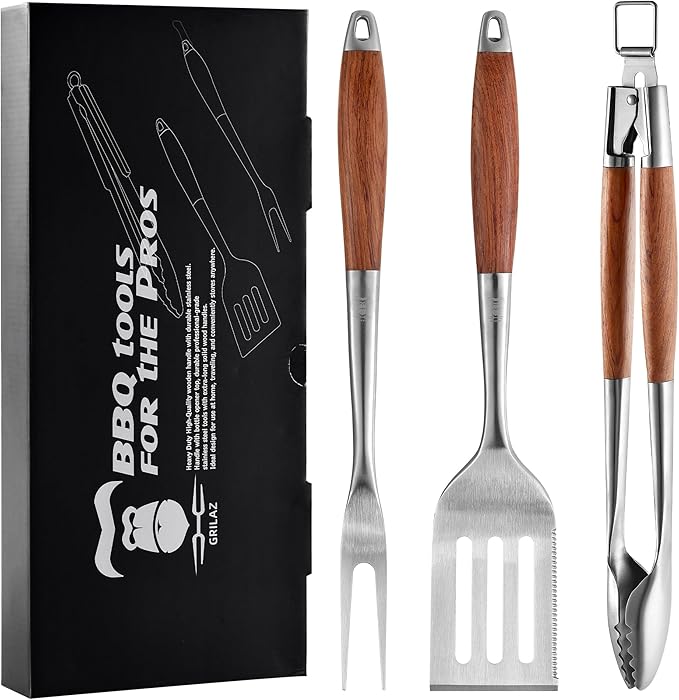 Heavy-Duty Rose Wooden BBQ Grilling Tools Set. Extra Thick Stainless Steel Multi-Function Spatula, Fork & Tongs | Essential Accessories for Barbecue & Grill. Ideal Gift for Father…