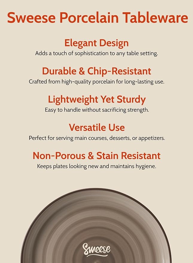 Sweese 7.4 Inch Porcelain Dessert Plates - Round Salad, Appetizer Plate Set for Kitchen, Small, Dishwasher Microwave Safe, Set of 6, Neutral