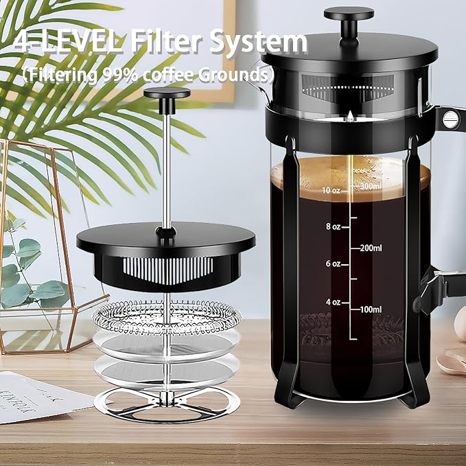 French Press Coffee Maker 304 Stainless Steel Coffee Press,with 4 Filters System, Heat Resistant Thickness Borosilicate French Press Glass, BPA-Free Brewed Tea Pot Coffee Plunger(Copper 12oz)