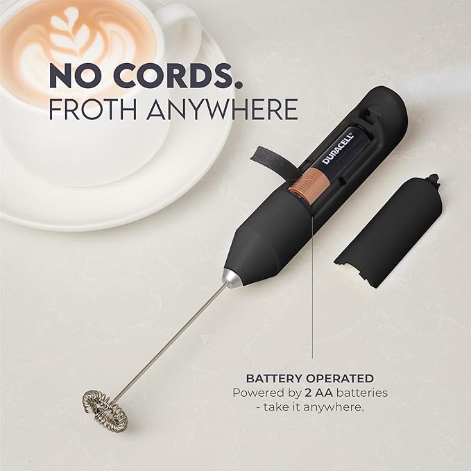 Zulay Kitchen Powerful Milk Frother Wand - Handheld Stainless Steel - Battery Operated Drink Mixer for Coffee, Lattes, Cappuccino, Matcha - Froth Mate Frother Gift - Black