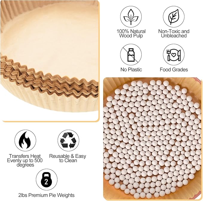 1 Pack White 2 lb Pie Weights for Baking Crust Ceramic Weights Blind Baking Beads with 50 Pcs Disposable Parchment Paper Pie Liner Fit 8,9,10 Inch Dish
