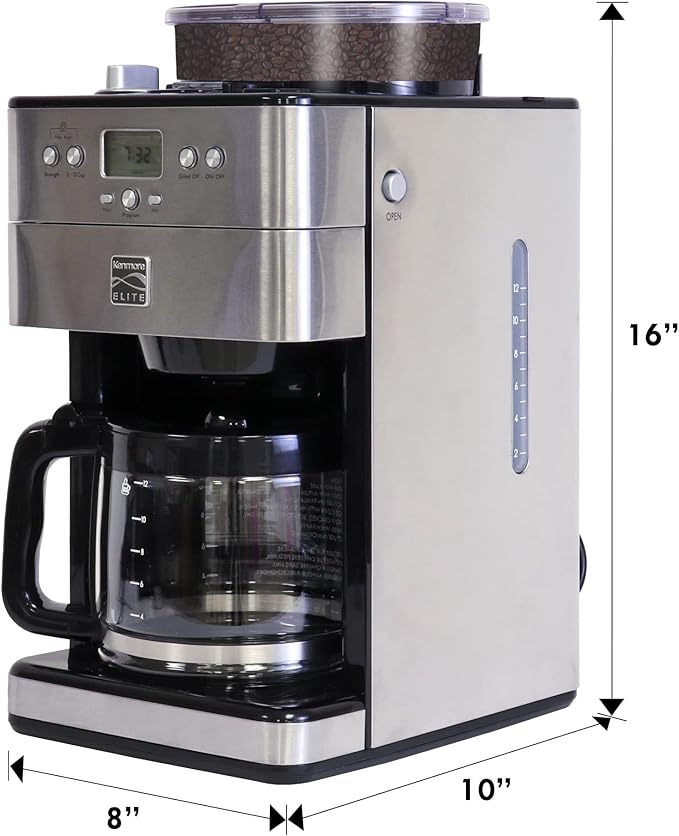 Koolatron Kenmore Elite Grind and Brew Coffee Maker - Built-In Grinder, Automatic Drip Coffee Machine, 12 Cup Programmable Brewer, Bean Grinder and Ground Coffee Brewer, Cafetera con Molino Integrade