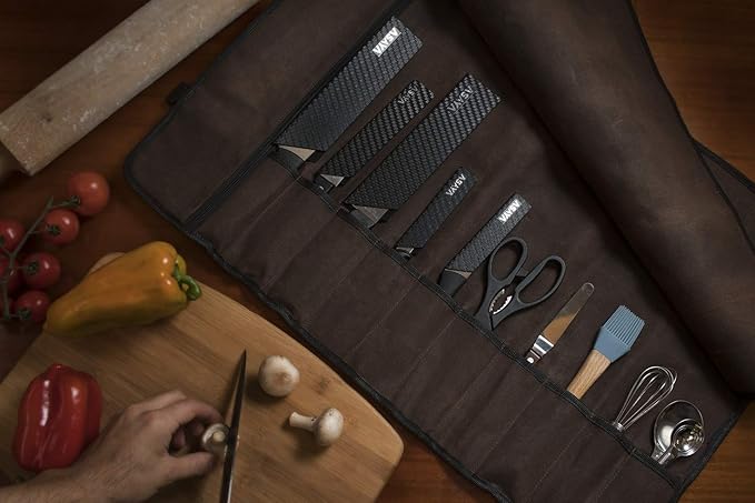 Asaya Canvas Chef Knife Roll Bag - 10 Knife Slots and a Large Zipper Pocket - Durable 10oz Canvas Knife Case with an Adjustable Shoulder Strap - Knives not Included