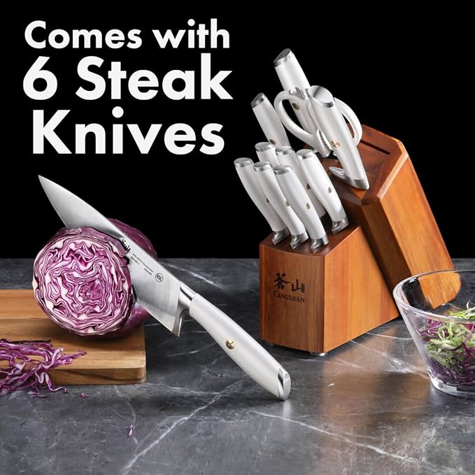 Cangshan L1 Series White 1026078 German Steel Forged 12-Piece Knife Block Set with 6 Steak Knives, Acacia Block