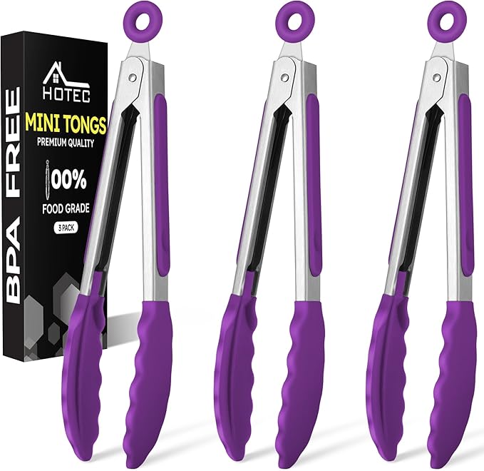 Hotec Mini Silicone Kitchen Tongs for Cooking - 7-Inch Small Serving Tongs with Silicone Tips, Set of 3 (Purple)