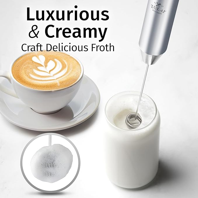 Zulay Kitchen Lux Rechargeable Milk Frother Handheld - Powerful 2-Speed Motor, Fully Waterproof, 2000mAh Battery - Drink Mixer For Latte, Cappuccino, Matcha, Protein Powder - Silver