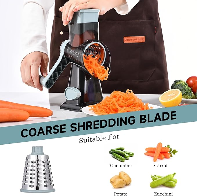 Rotary Cheese Grater with Handle Kitchen Shredder Slicer Grater Slicer Ice Shaver Cheese Vegetable Nuts Potato Zucchini Chocolate 3 Interchangeable Blades (GreyBlue)
