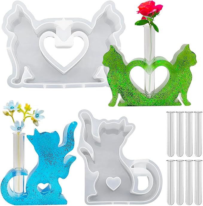 SourceTon Silicone Resin Mold Set for Flower Vases – Includes 2 Cat-Shaped Test Tube Vase Molds and 8 Test Tubes, Epoxy Resin Molds for DIY Floral Decor and Home Crafts