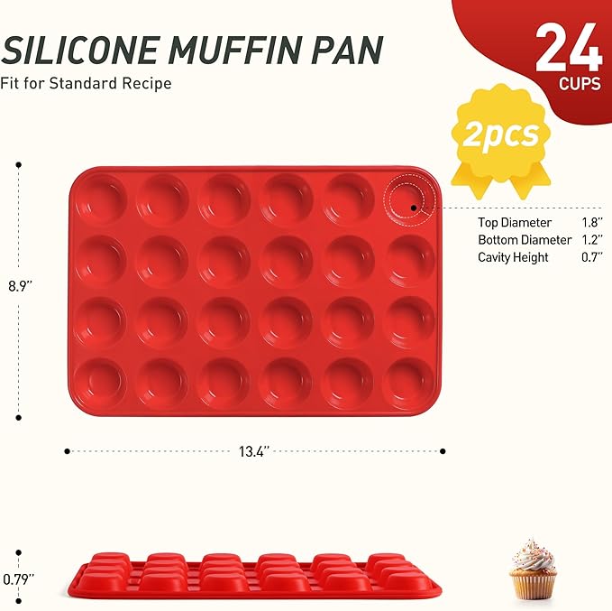 2 Pack 24 Cups Silicone Mini Muffin Pan with Metal Reinforced Frame Silicone Molds Cupcake Cake Baking Cheesecake Pans Cookie Baking Chocoflan Cupcake Mold Mini Bundt Cake Pan Women Gift