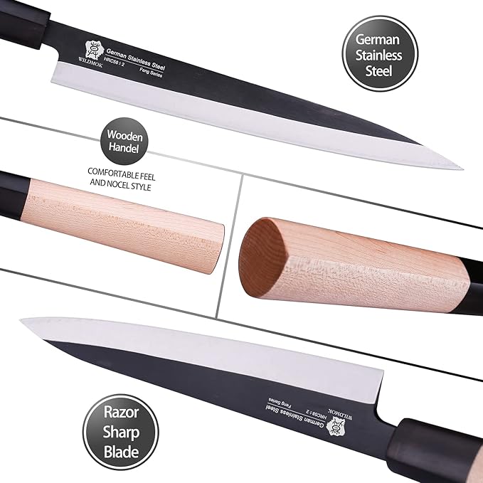 WILDMOK Set of 4 GYUTO Sushi Chef Knives-Yanagiba-Deba-Nakiri-Utility Kitchen Knife, Fish Slicing Filleting Knife Sets with German Steel Blade & Traditional Wooden Handle