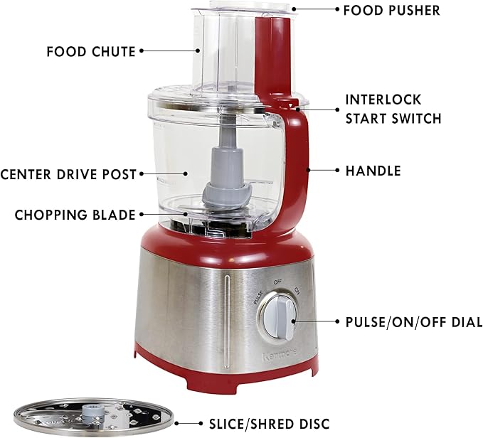 Kenmore 11 Cup Food Processor - Vegetable & Fruit Salad Cutter, Multifunctional, 500 W, Chopper, Clicer, Mincer, Puree, Grater, Blades, Shredder, Compact Stainless Steel Kitchen Appliances, Red