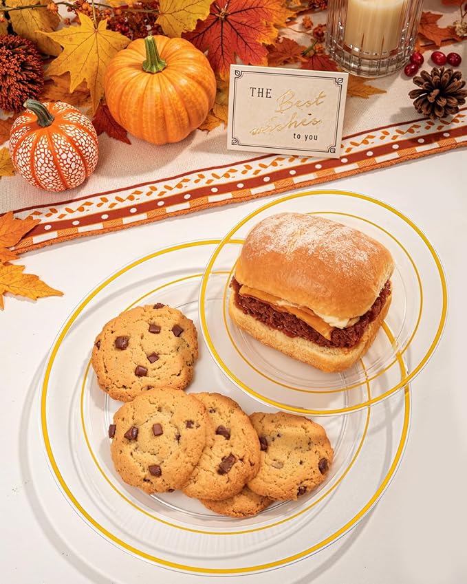bUCLA 300Pcs Clear Gold Plastic Disposable Dinnerware Set - Clear Plates with Gold Trim Include 50 Dinner / 50 Dessert Plates,50 Cups,150 Plastic Silverware Set for Party, Fall & Thanksgiving