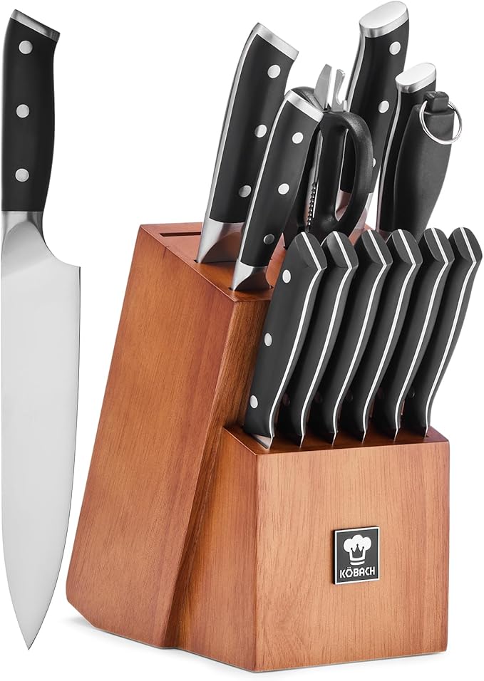14-Piece Kitchen Knife Set with Oak Wood Block – 3Cr13 Stainless Steel Knife Block Set with Chef Knife, Santoku, Bread, Utility, Paring & 6 Steak Knives, Kitchen Shears & Sharpening Rod