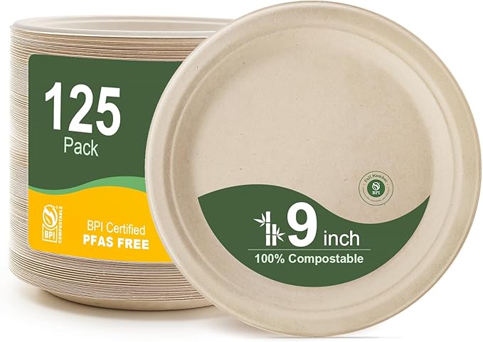 WELLIFE 100% Compostable Paper Plates 9 Inch, 125-Pack Heavy Duty Paper Plates Bulk,Biodegradable Bagasse,Eco-Friendly Disposable Dinner Plate for BBQ,Picnic,Party (BPI Certified,Microwaveable)