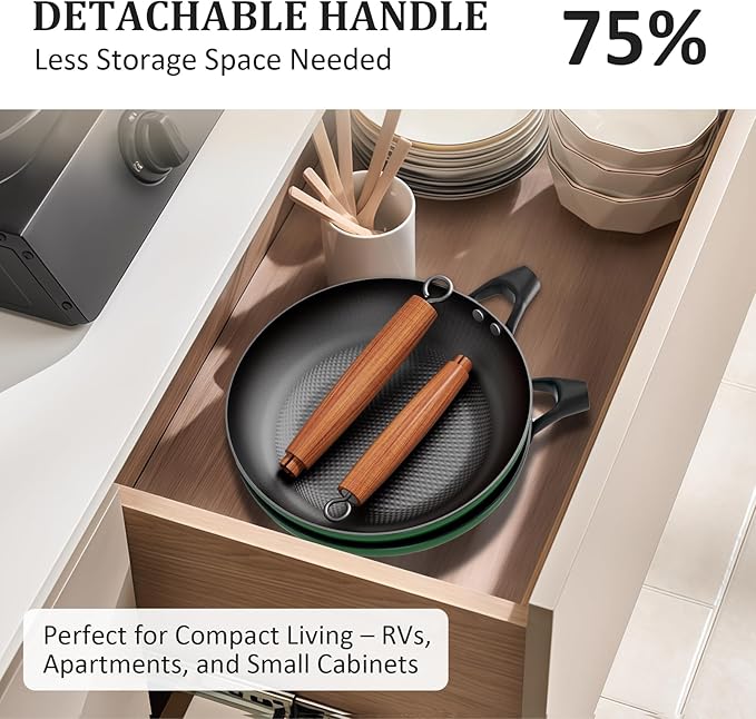 YUTANN Cast Iron Frying Pan Set - 8&10&12 Inch Pre-Seasoned Skillets, Diamond Textured Oil-Conserving Bottom, Nonstick & Toxin-Free Cookware, Detachable Handle, Works on Induction & Oven