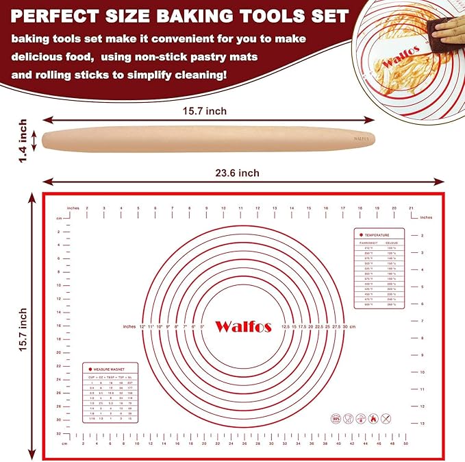 WALFOS French Rolling Pin and Silicone Baking Mat Set, Non-Stick Beech Wood Rolling Pin 15.7 Inch and Pastry Mat for Best Pie Crust, Cookie, Pasta and Pizza Dough