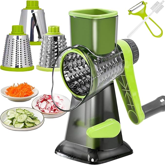 Cheese Grater Rotary Cheese Grater,Versatile Cheese Shredder,Blades for Shredding, Grating, Slicing,Cheese Shredder with Suction Base and Cleaning Brush Kitchen Gift (green)