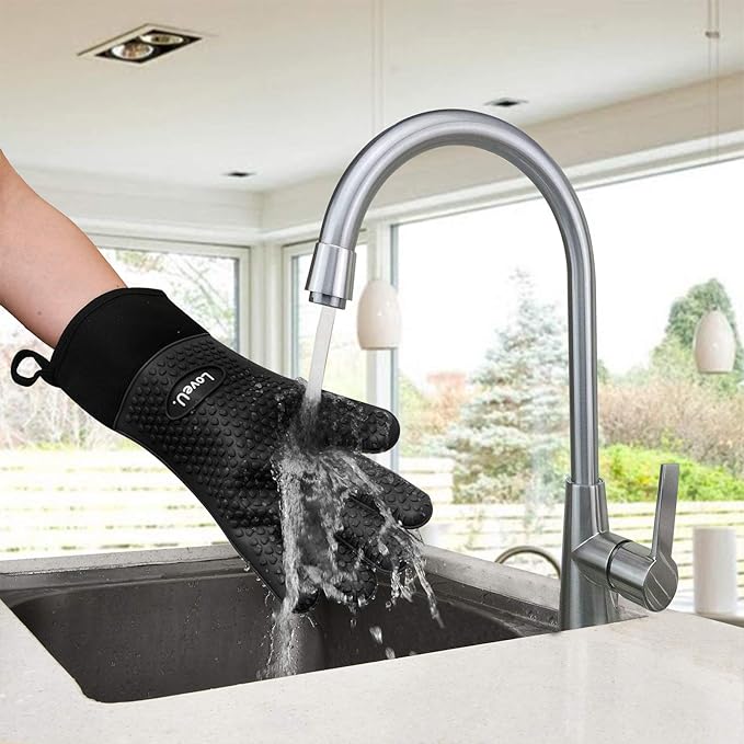 Kitchen Oven Gloves - Dual-Layer Heat Resistant Grilling Gloves, Silicone Oven Mitts with 5 Fingers, Waterproof Non-Slip Pot Holder for Barbecue, Cooking, Baking (XL-XXXL, Black Long)