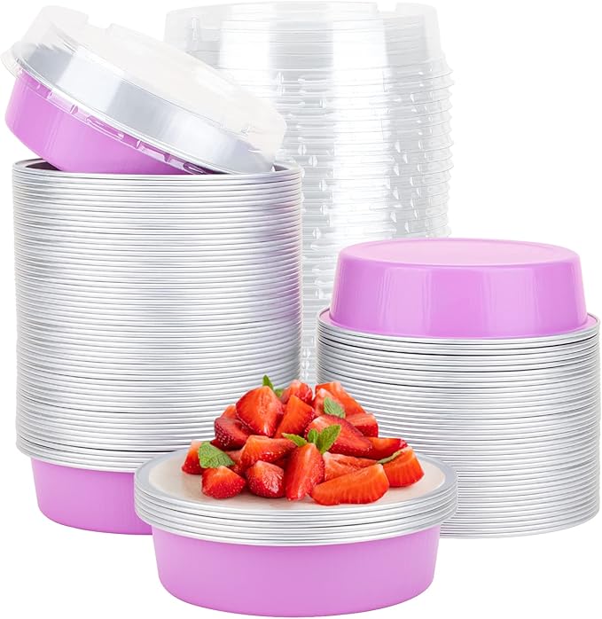 Beasea Disposable Mini Pans with Lids, 100 Pack 4” 8oz Light Pink Aluminum Baking Foil Tins Round Small Tart Container for Individual Cupcake Dessert Muffin Ramekin Cheesecake Quiche Oven Dishes