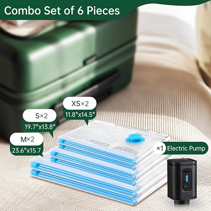 BRODI 6 Combo Pack Travel Vacuum Bags with Pump - Space Saver & Travel Essentials, Clothing & Luggage Vacuum Seal Bags