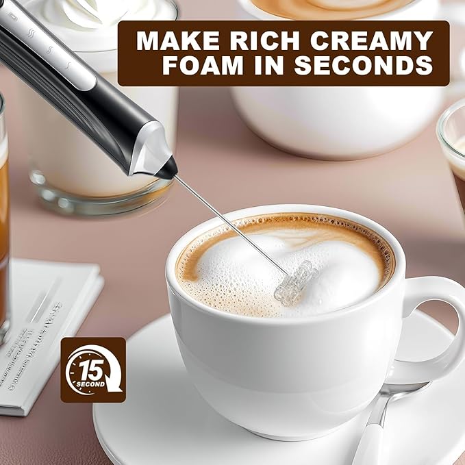 Handheld Electric Milk Frother with 2 Heads, Coffee Whisk Foam Mixer with USB Rechargeable 3 Speeds, Foam Maker Blender for Latte, Cappuccino, Hot Chocolate, Egg (Black with stand)