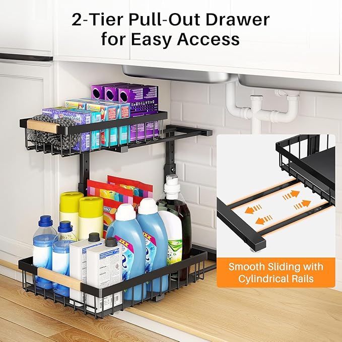 PXRACK Large Under Sink Organizer, Adjustable Height, 2-Tier Slide Out,Thickened Metal Shelf Under Sink Storage for Kitchen, Bathroom, Cabinet,Pantry,Black,1 PACK,Small Space-saving