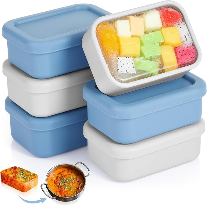 6 Packs 1 Cup Silicone Soup Freezer Molds with Lid Silicone Soup Freezer Trays Rectangle Reusable Food Preserving Tray Freezing Sauces Stews(Dark Blue, Gray)