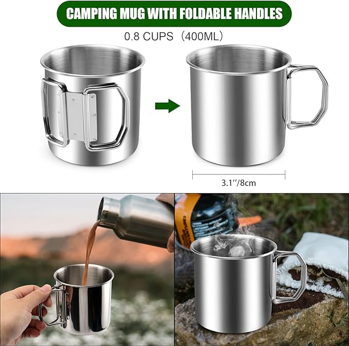 Odoland 8pcs Camping Cookware Mess Kit, Camping Pot and Pan Set with Mini Backpacking Stove, Stainless Steel Cup, Spork and Tank Bracket, Cooking Gear for Outdoor, Hiking, Picnic, Campfire