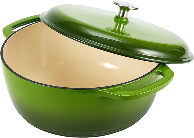 Amazon Basics Cast Iron Dutch Oven Pot with Lid, Enameled, Round, Dual Handles, Heavy-Duty, Large, 7.3-Quart, Green
