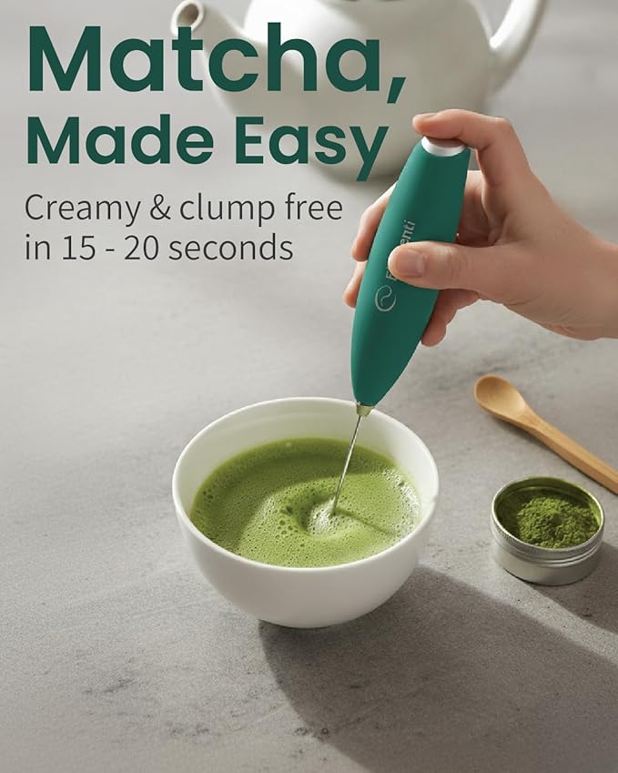Elementi Matcha Whisk & Frother Set - Powerful Electric Matcha Mixer for Powder, Easy to Use Electric Whisk Kit - Craft Effortless Lattes with the Elementi Milk Frother Wand & Wisk (Emerald Green)