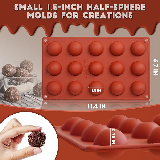 HKNMTT Silicone Semi-Sphere Molds 15 Cavities 2-Pack 1.5" for Chocolate Truffles Jelly Fat Bombs Gelatina, Small Baking Round Half Sphere Candy Moulds, Homemade Freeze Food Grade BPA Free Oven Safe