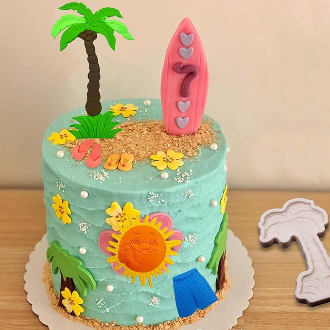 3 Pcs Hawaiian Coconut Tree Fondant Molds, Seaside Beach Sun Silicone Molds, Slipper Surf Shorts Clay Mold for Cake Decorating, Candy Chocolate Marzipan Resin Crafts, Summer Party, Halloween