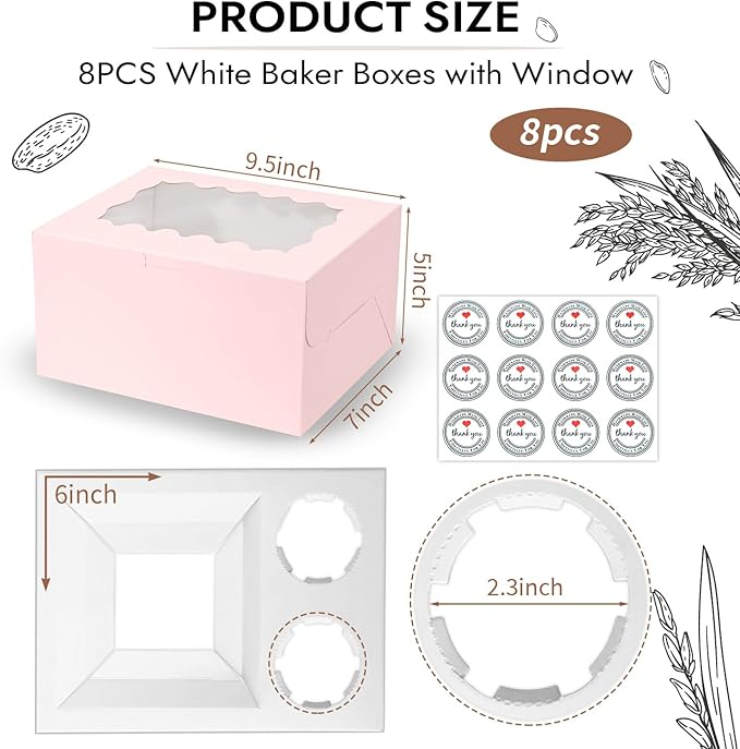 JCD 8Pcs Pink Cake Cupcake Combo Boxes Clear Lid with 2 Cupcake Holes -Clear Window Bento Cake Boxes for Bakery Baking Supplies(Pink 1+2/8Pcs)
