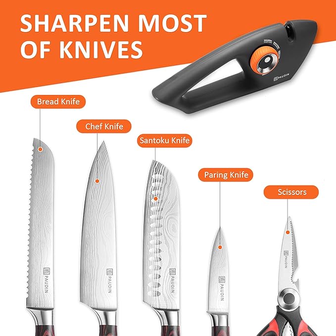 PAUDIN Knife Sharpener, Kitchen Knife Sharpener, 5 Stage Knife Sharpeners for Kitchen Knives, Pocket, Serrated Knives & Scissors, Blade Sharpening, Honing & Polishing Tool, Black