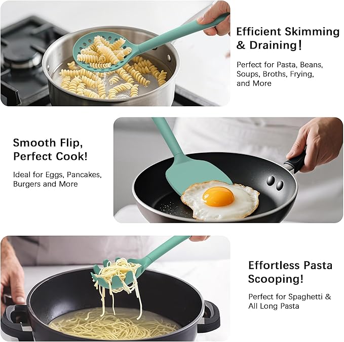 Coukre Silicone Kitchen Cooking Utensils Set with Holder – Heat-Resistant, Food-Grade Kitchen Tools, Spatula, Spoon & Gadgets for Non-Stick Pans, Dishwasher Safe (14, PureAquaGreen)