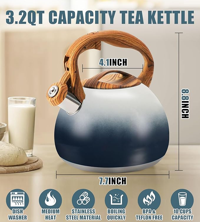 tea kettle stovetop, Loud Whistling kettle for Boiling Water Coffee or Milk, 3.2 Quart Heavy stainless steel tea kettle with Wood Pattern Handle, Gas Electric Applicable - Black & white