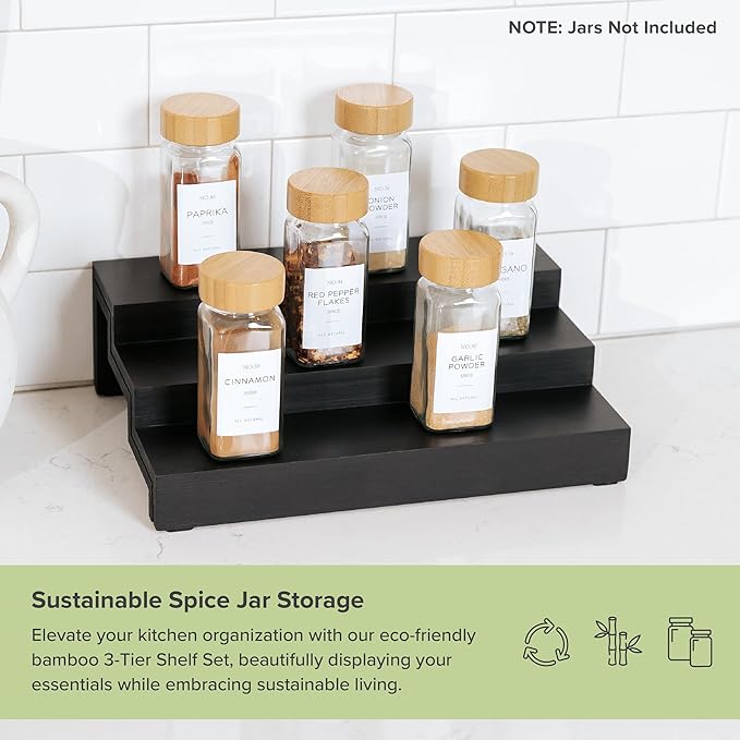 KitchenEdge Expandable Spice Rack Organizer for Cabinet, 3-Tier Shelf for Spice Organization (11” to 22”), Fits 36 Spice Jars, Seasoning and Pantry Storage, Non-Slip Feet, 100% Bamboo, Black Finish