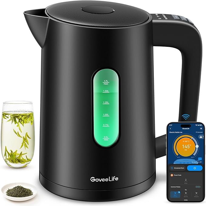 GoveeLife Smart Kettle Temperature Control 1.7L, 1500w WiFi Tea Kettle Electric with LED Indicator Lights, Remotely Control, 2H Keep Warm, 4 Presets Hot Water Boiler for Tea & Coffee & DIY