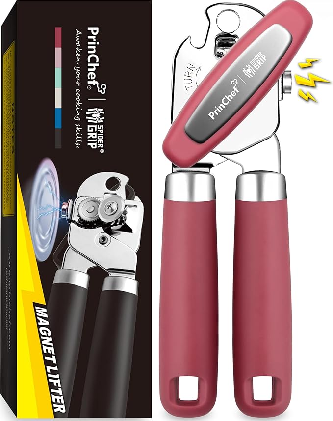 PrinChef Can Opener Manual, Can Tin Bottle Opener with Magnet - No-Trouble-Lid-Lift, Handheld Can Opener Smooth Edge with Sharp Blade, Heavy Duty and Easy to Use, for Seniors with Arthritis, Red