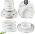 AmorArc Ceramic Dinnerware Sets with Pasta Bowls for 8, Handpainted Plates and Bowls Set with Rustic Terracotta Underside, Scratch Resistant Dishes Set, Dishwasher & Microwave Safe, 32 Pcs-White