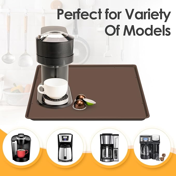 TOHONFOO Silicone Coffee Maker Mat with Lip, 19.7'' x 15'' Heavy Duty Coffee Maker Mat for Countertops, Coffee Tray Fit Under Coffee Machine Appliance Automatic Machines Espresso Accessory, Brown