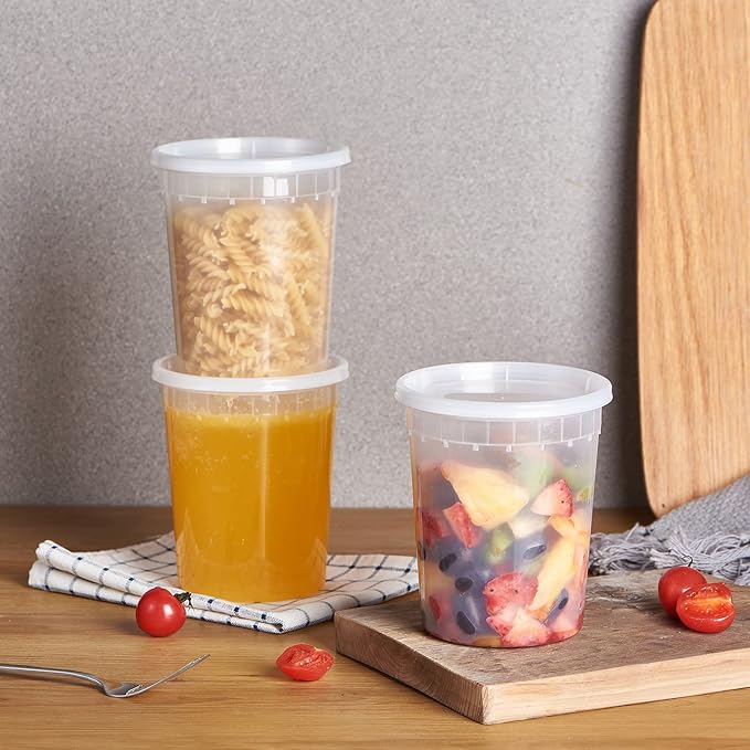 32oz Plastic Deli Containers, 24 Sets - Leakproof, Stackable, BPA Free, Microwavable, Freezer Safe