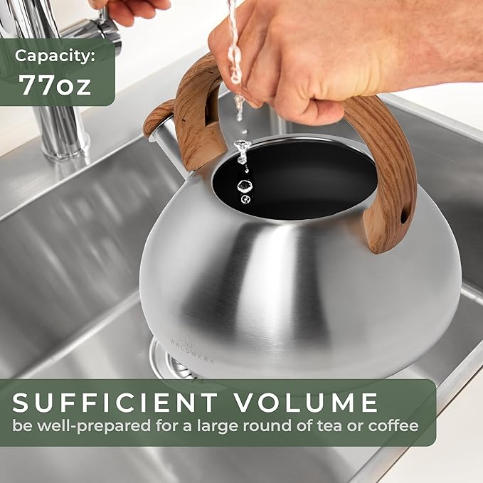 WALDWERK Tea Kettle Stovetop (2.4 Quart) - Teapot for Stovetop - also for Induction and Gas Stoves - Stainless Steel Tea Kettle - Whistling Tea Kettle for Stove Top
