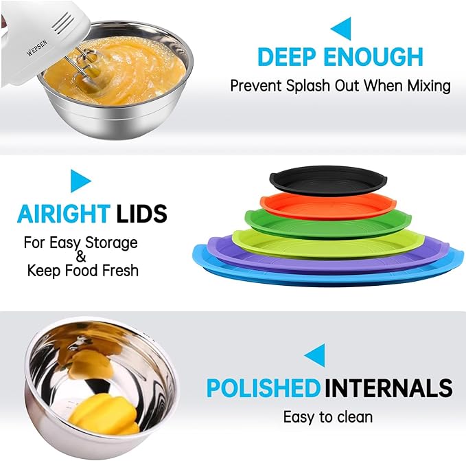 Mixing Bowls with Lid Set, 27PCS Kitchen Utensils Metal Bowl Stainless Steel Nesting Bowls, Measuring Cups and Spoons, Egg Whisk for Baking