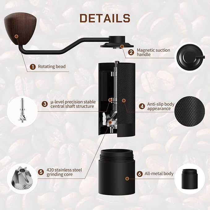 MAVO Manual Coffee Grinder, Wizard Hand Coffee Grinder, Capacity 25g with 2PCS CNC Stainless Steel Conical Burr -Pentagon and Hexagonal, Burr Coffee Bean Grinder for French Press, Pour Over, Black