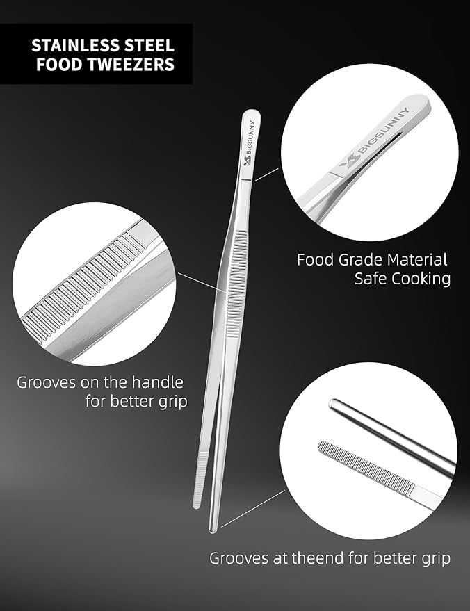 8.5 Inch Kitchen Tweezers Fine Tweezer Tongs, MSY BIGSUNNY Stainless Steel Food Tweezers Multi-function Precision Serrated Tips Cooking Tongs Kitchen Serving Tong