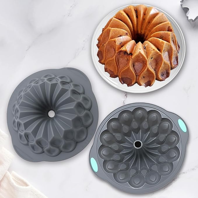 Tongjude 4 Pieces Silicone Fluted Cake Pans, 6/7/8 Cups Tube Baking Pan, Non-Stick Kitchen Oven Baking Pans, Silicone Molds for Homemade Cake, Bread and Jello, Grey