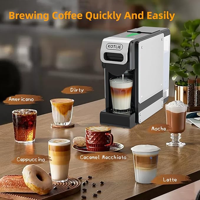 KOTLIE ST-550 Single Serve Coffee Maker, Espresso Capsule Coffee Maker for K*cup capsule/Ne*s Original/Dol*e Gu*to and Ground Coffee, 19Bar, 1L, Compact（Black）